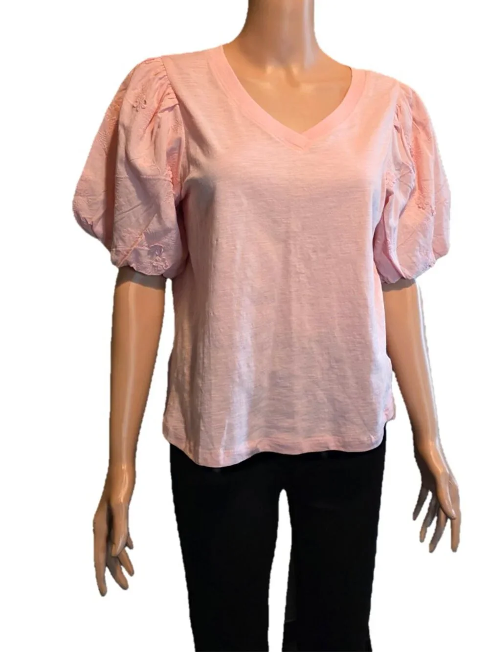 Pink Embroidered Puff Sleeve Top Medium V Neck Boho Casual Small Hole - Picture 2 of 10